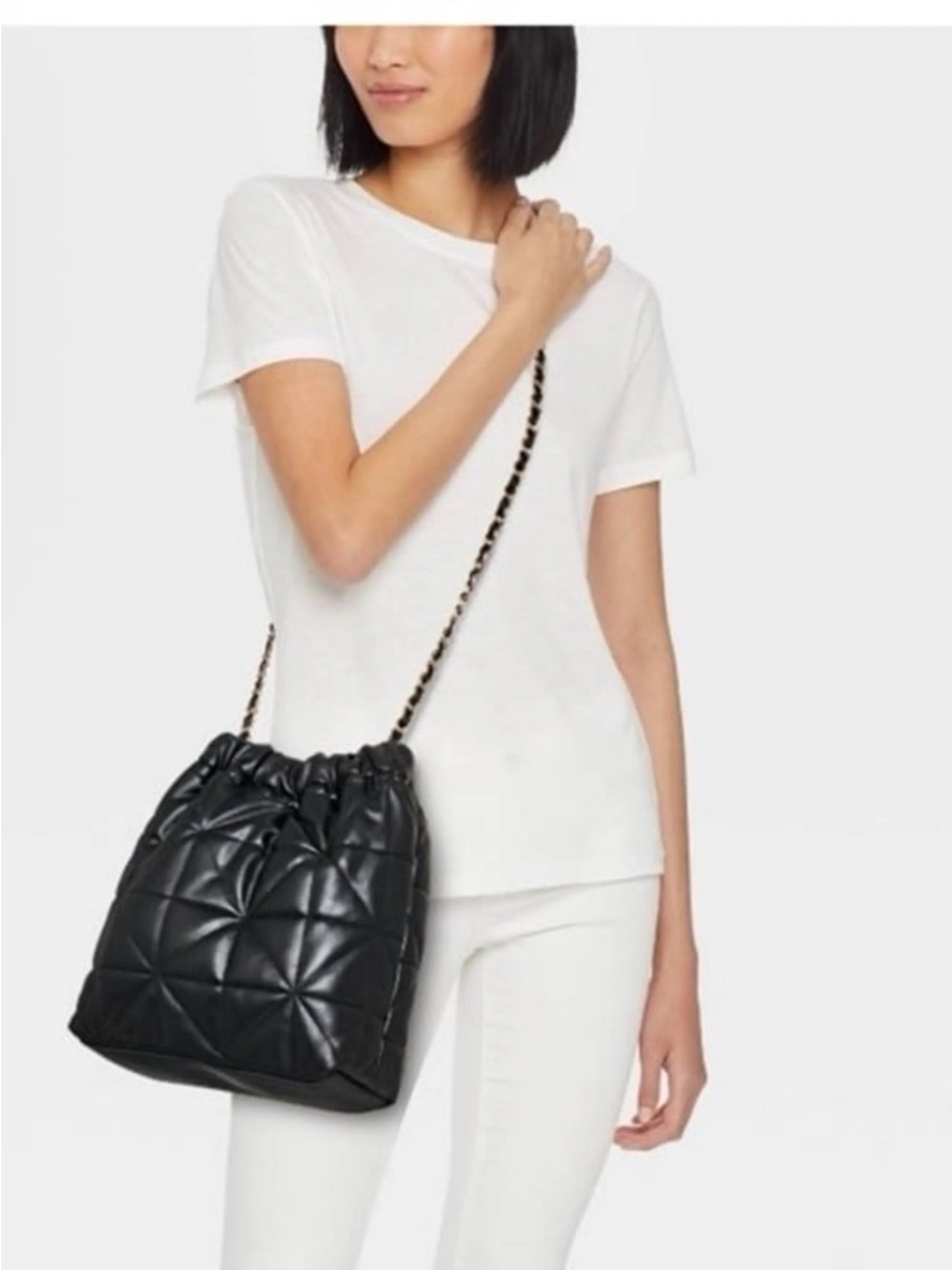 a new day Black Quilted Drawstring Crossbody Bag with Chain Strap